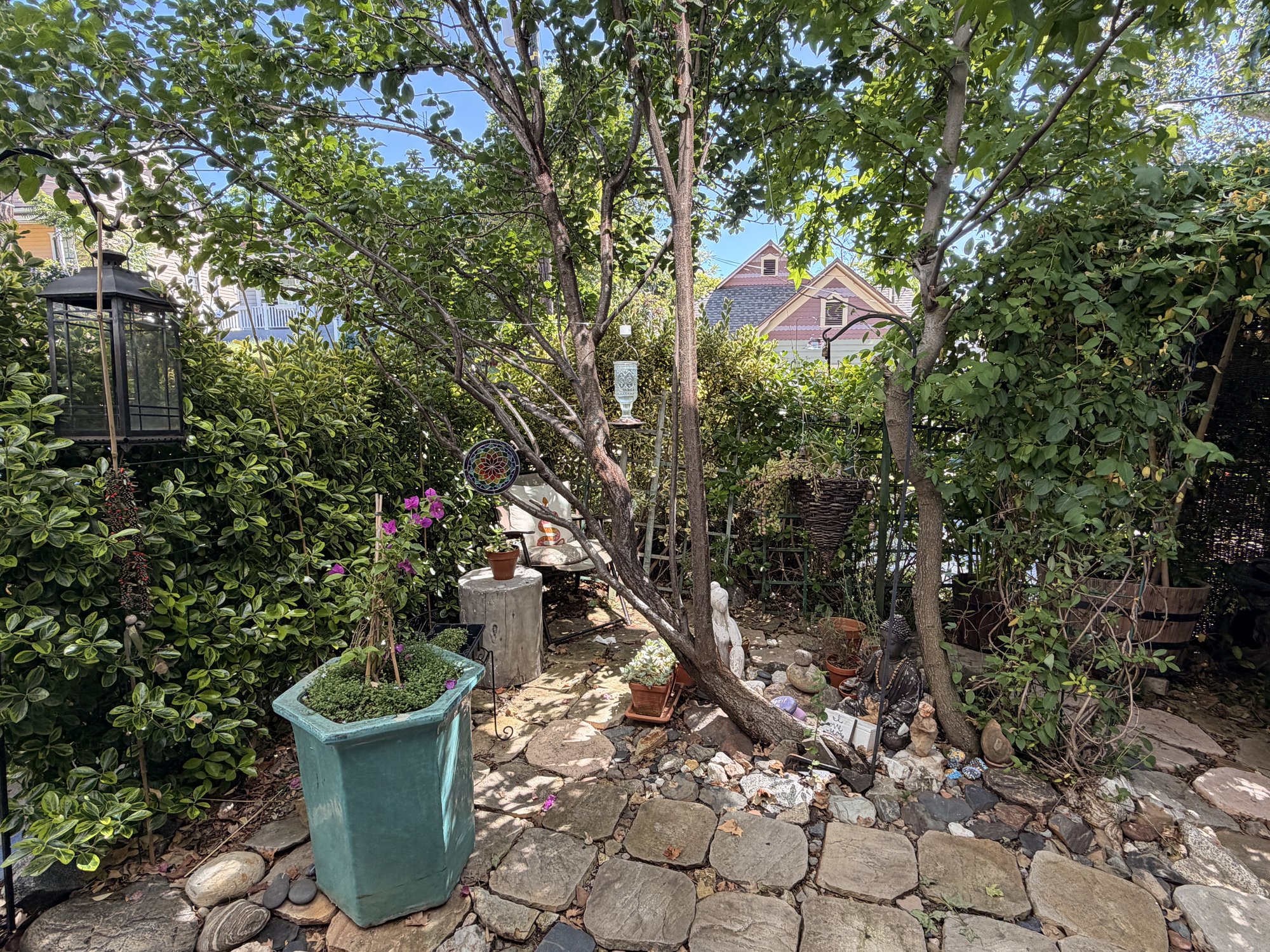 Wide view of the zen garden — tree-shaded patio, pebble + stone paths, planted beds, distant pink Victorian rooftops.
